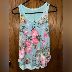 Women's Floral Scoop Neck Tank Top - Light Blue with Pink Roses